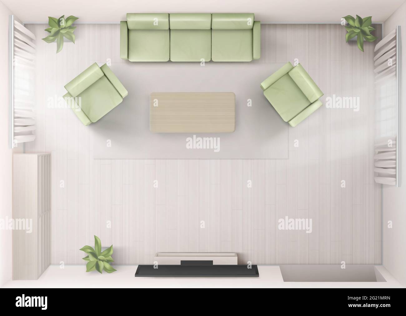 Living room interior top view with sofa, tv, armchairs and coffee table