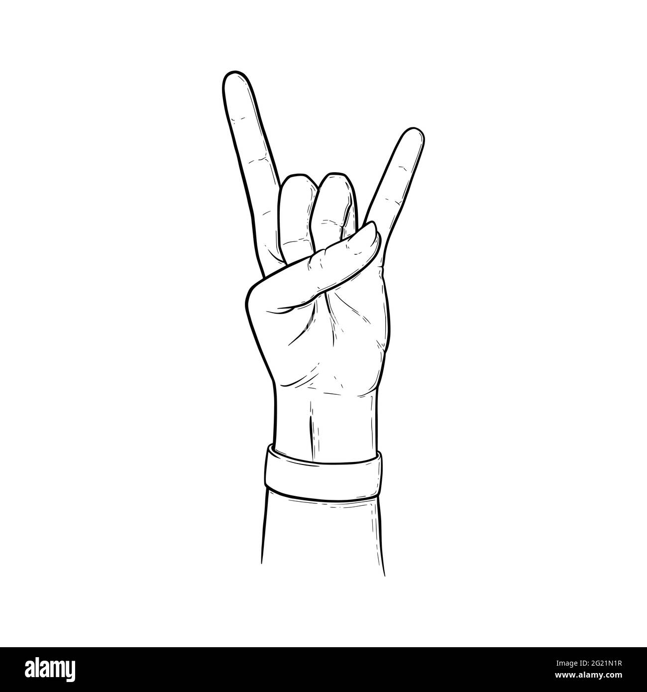 Rock sign with two fingers up. Heavy metal or rock hand gesture isolated in white background. Outline vector illustration Stock Vector