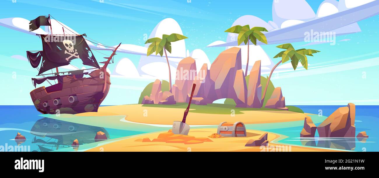 Tropical island with treasure chest and broken pirate ship. Vector ...