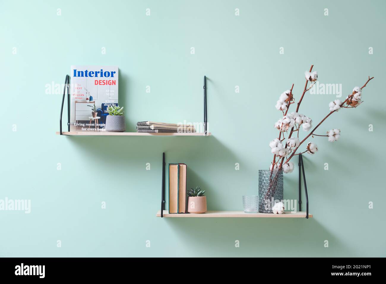 Modern shelves hanging on wall Stock Photo Alamy