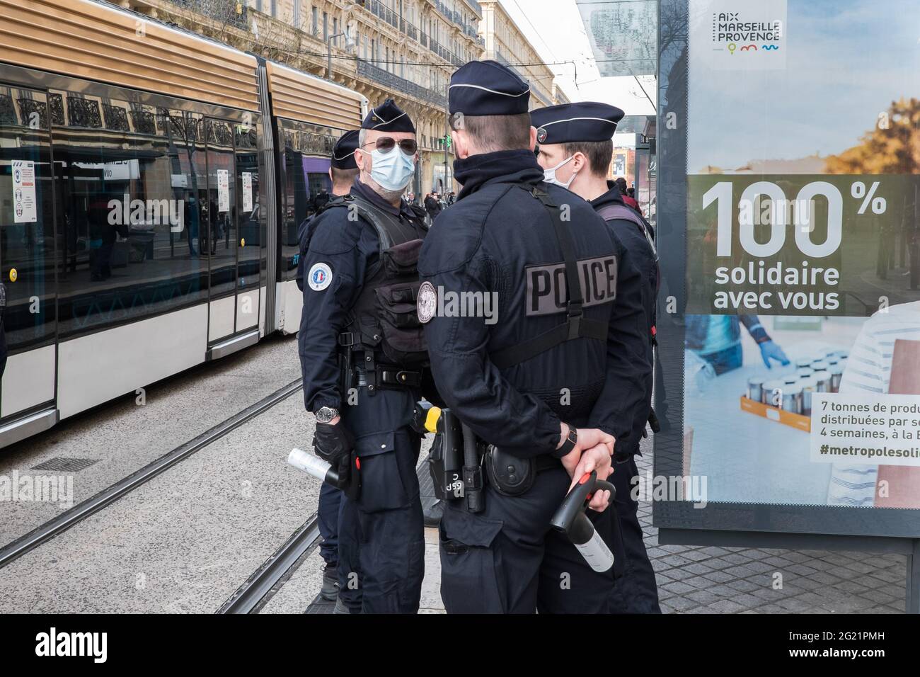 Marseille, France. 09th Feb, 2021. Police officers in their uniforms seen  in action during law enforcement and security operations in Marseille.Since  the beginning of 2021, the Prefecture of Police has reinforced the