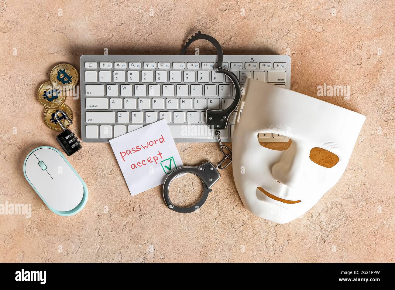 Composition with computer keyboard and mask on color background. Hacking concept Stock Photo