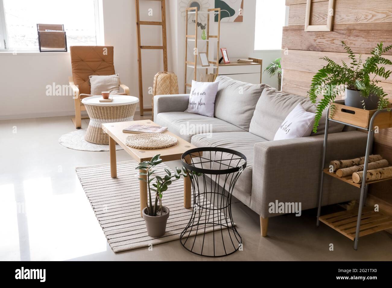 Stylish interior of living room with comfortable sofa Stock Photo - Alamy