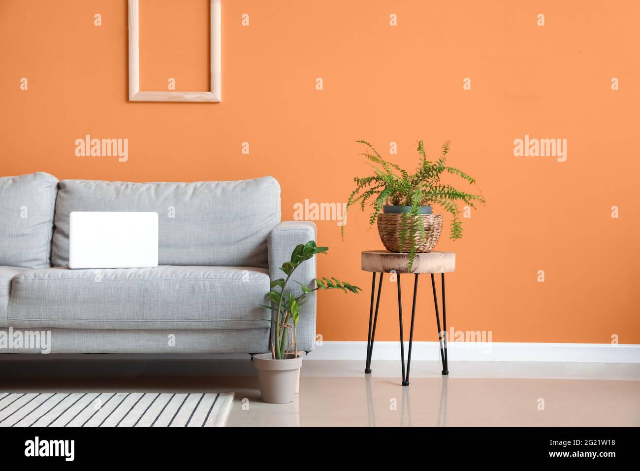Stylish interior of living room with cozy sofa Stock Photo - Alamy