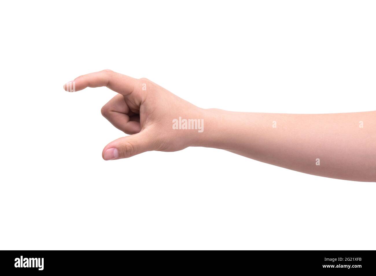 Finger gesture of one person: means little, pinch. Isolated on white