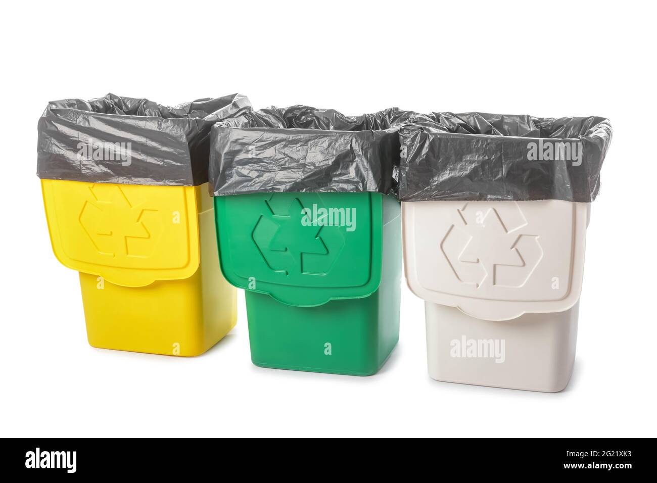 Different rubbish bins with logo of recycling on white background Stock Photo