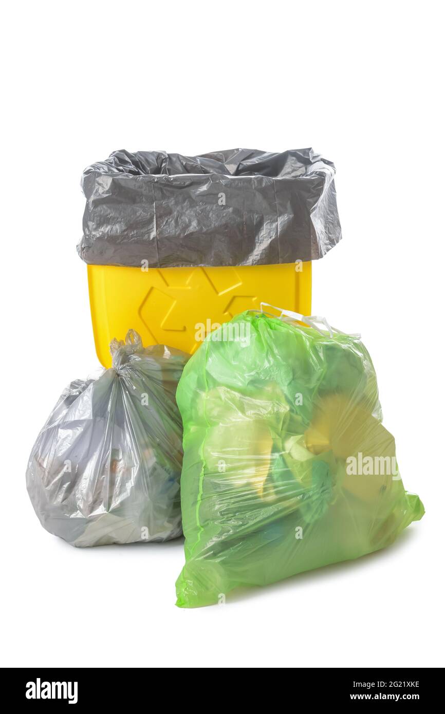 Bags with garbage and rubbish bin on white background Stock Photo - Alamy