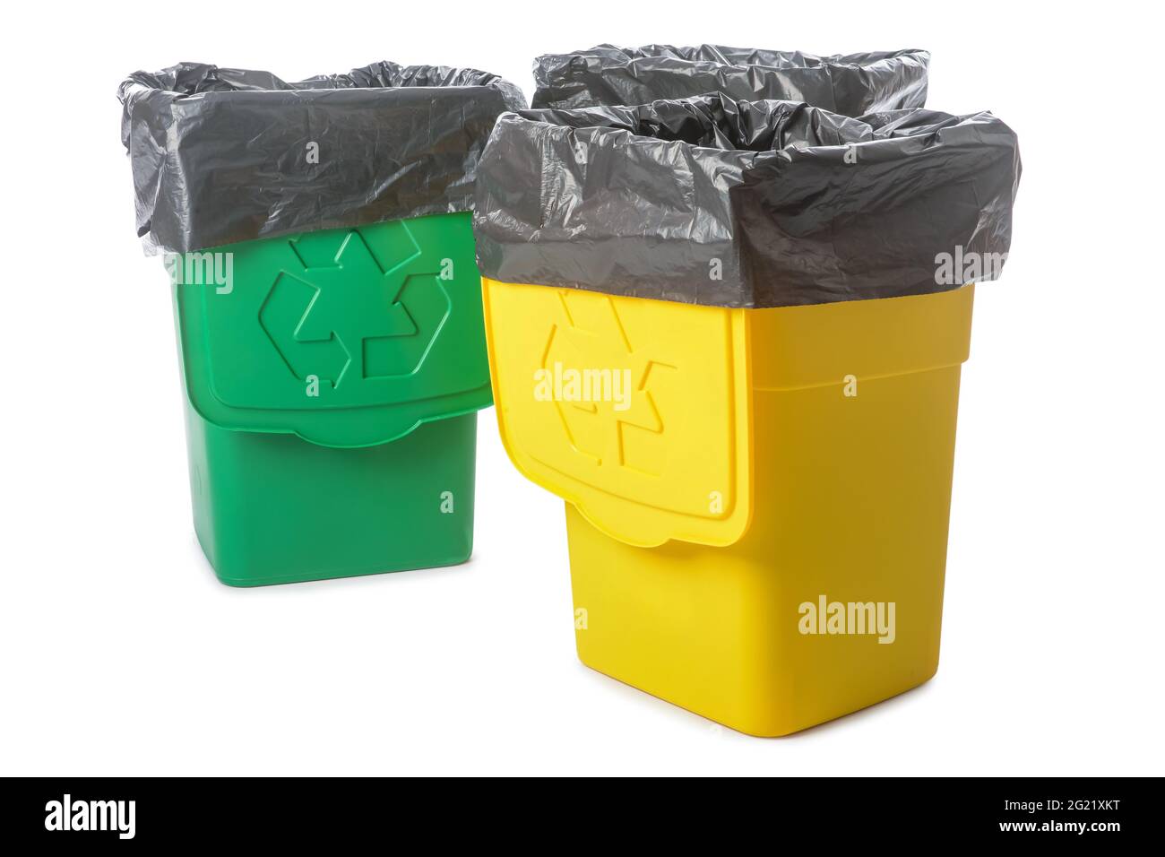 Different rubbish bins with logo of recycling on white background Stock Photo