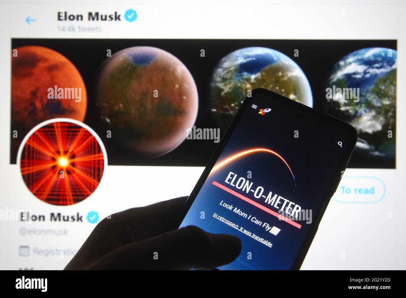 Ukraine. 07th June, 2021. In this photo illustration the ElonOMeter website  is seen on a smartphone screen with a Twitter page of Elon Musk in the  background. Cryptocurrency investors and haters of