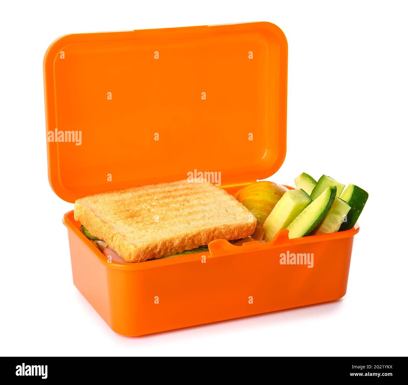 Lunch box with tasty food on white background Stock Photo - Alamy