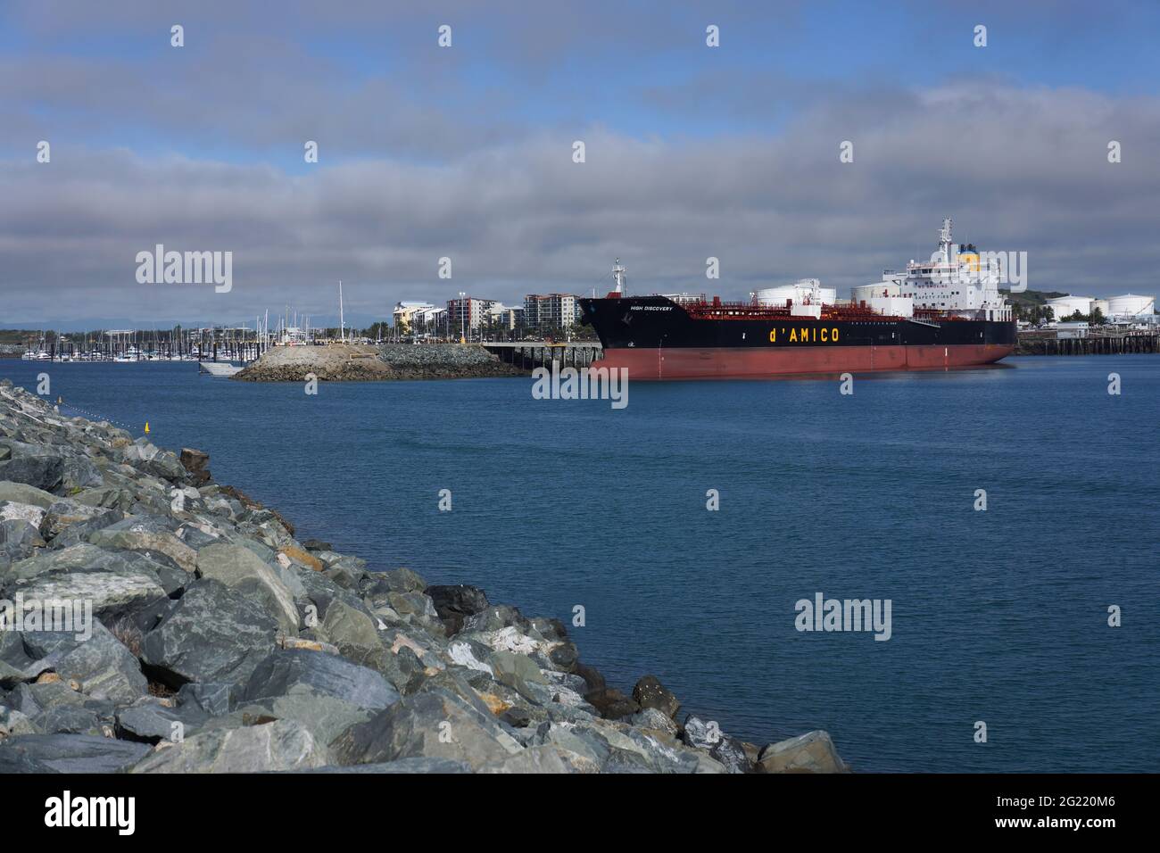 A fuel tanker tied up at the wharf in Mackay, Queensland, Harbour