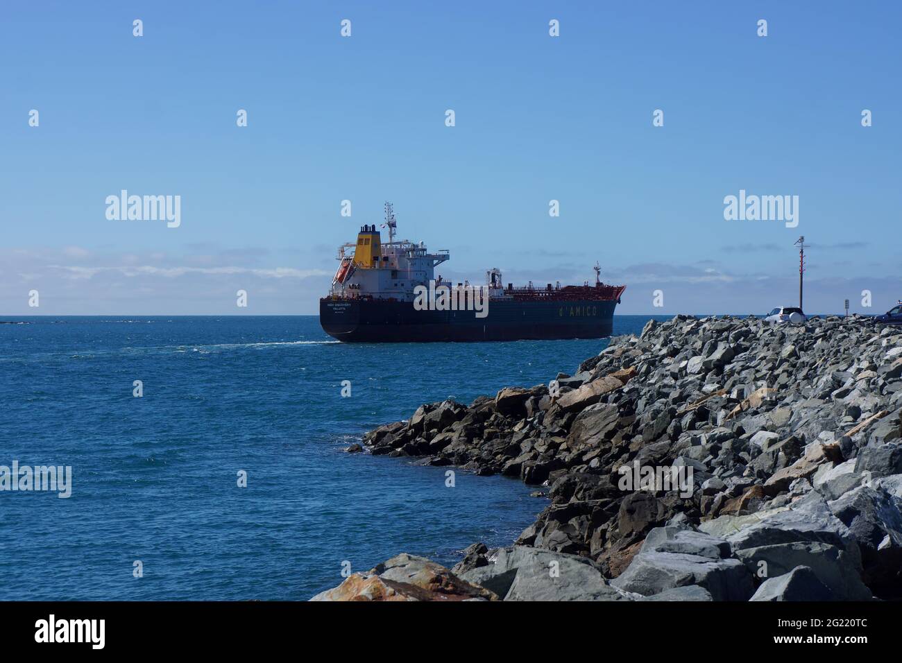 A fuel tanker vessel leaving Mackay, Queensland, harbour after