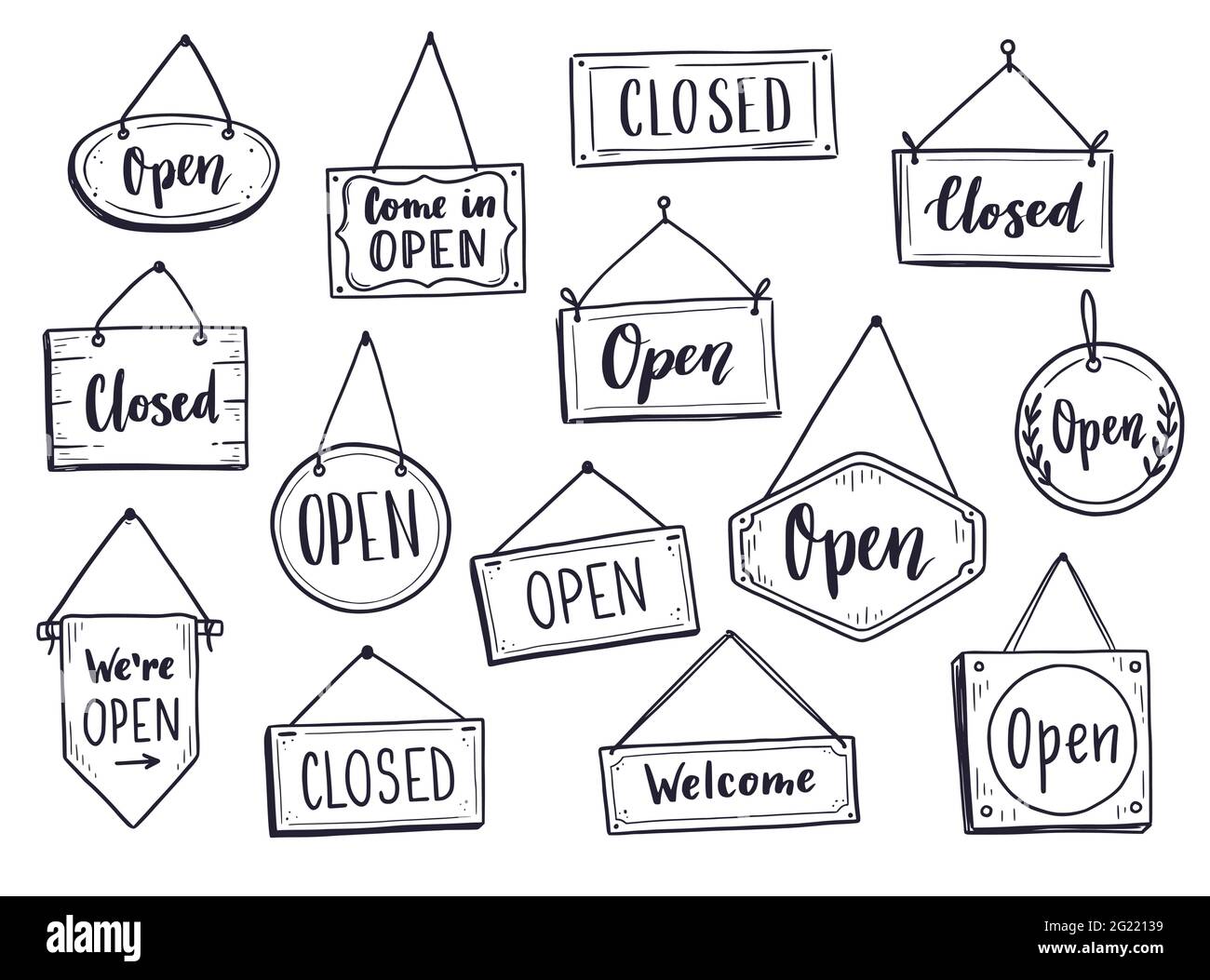 Hand drawn set of open and closed door sign. Doodle sketch style. Shop