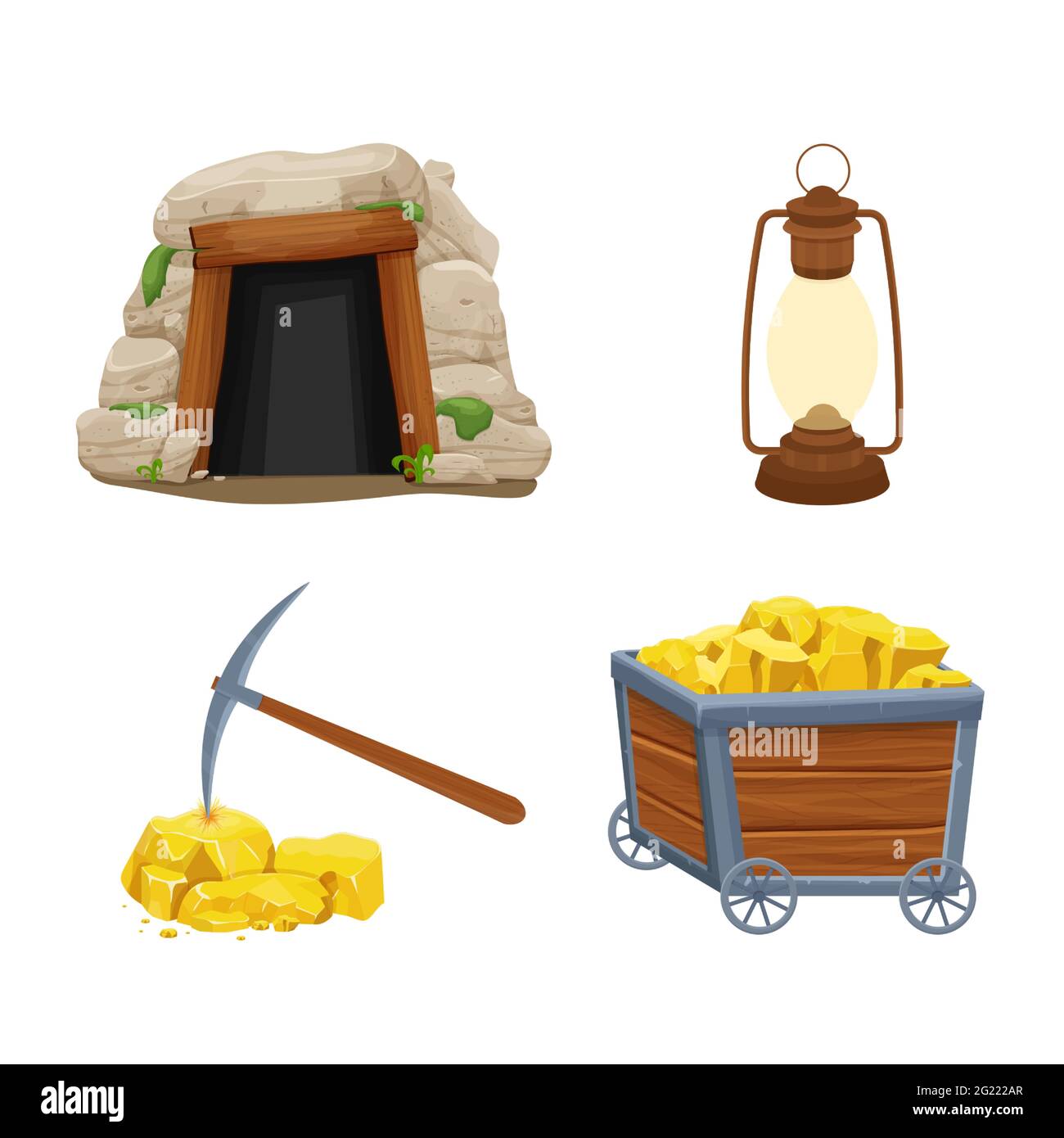 Set mine tools, equipment in cartoon style isolated on white background. Wooden cart with gold ore, tunnel entrance, retro lamp, pickaxe and. Ui asset Stock Vector