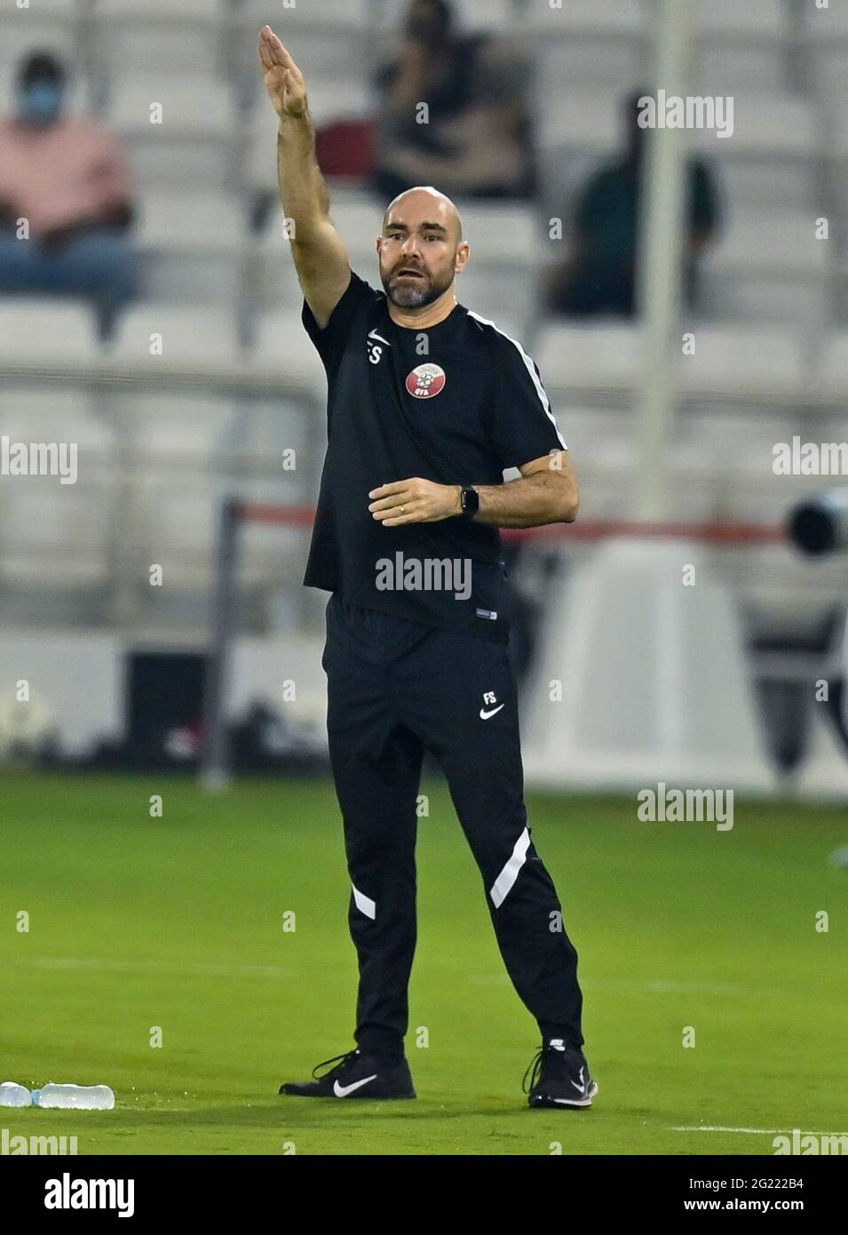 Doha, Qatar. 7th June, 2021. Qatar's head coach Felix Sanchez instructs  players during the second round Group E football match between Qatar and  Oman at FIFA World Cup Qatar 2022 and AFC