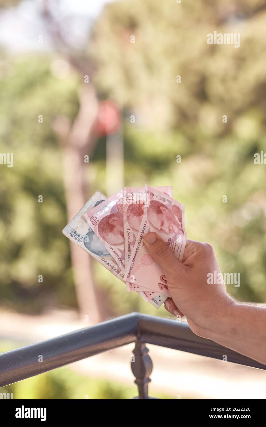 Turkish lira banknotes. The paper currency of Turkey. Current Turkish liras are issued by The Central Bank of the Republic of Turkey. High quality photo Stock Photo