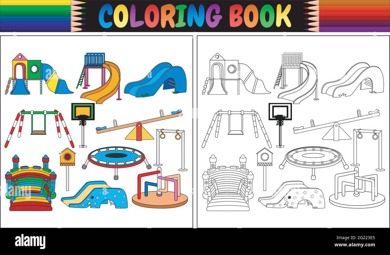 Coloring book with playground equipment icons set Stock Vector Image ...