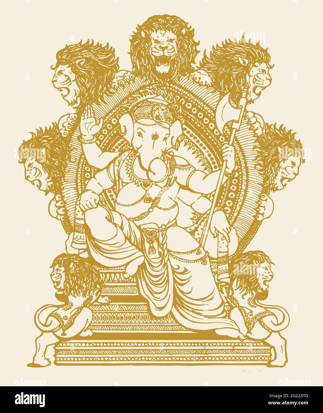 Drawing or sketch of Lord Ganesha sitting on a throne with lions ...