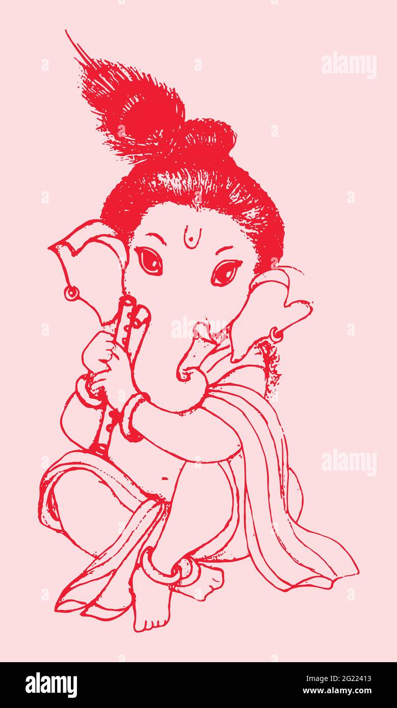 Drawing or sketch of Lord Ganesha playing flute isolated on a pink ...