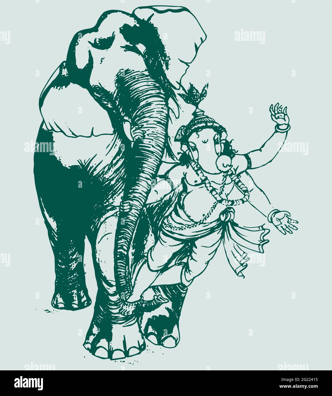 Green drawing or sketch of Lord Ganesha with an elephant isolated on a white background Stock Photo