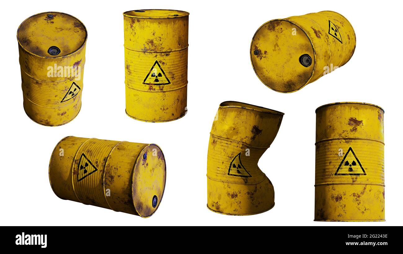 radioactive waste in barrels, isolated on white background Stock Photo