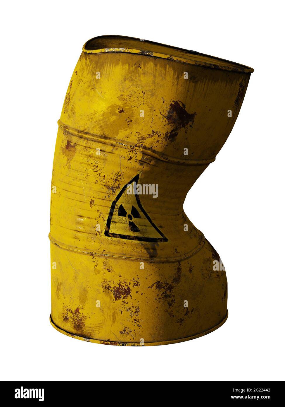 radioactive waste in damaged barrel, isolated on white background Stock Photo