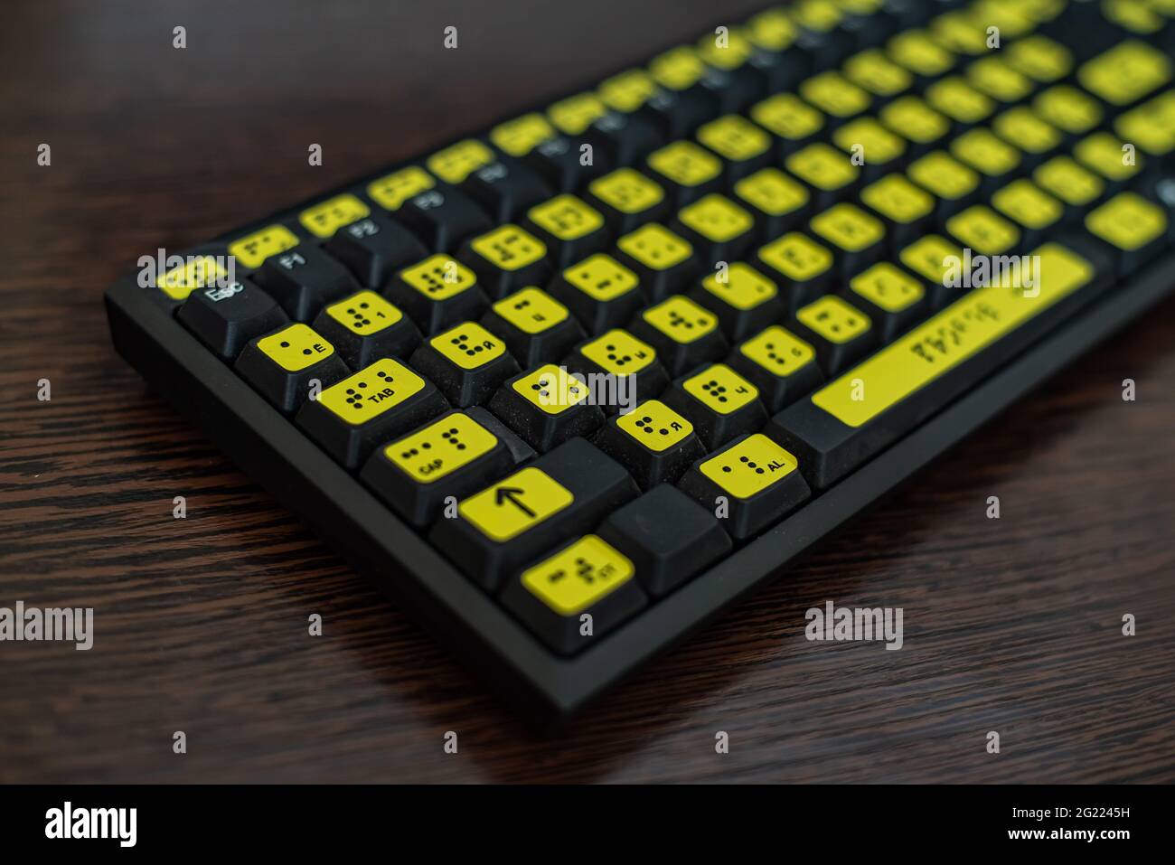 Closeup of a keyboard with the Russian alphabet for the blind. Braille