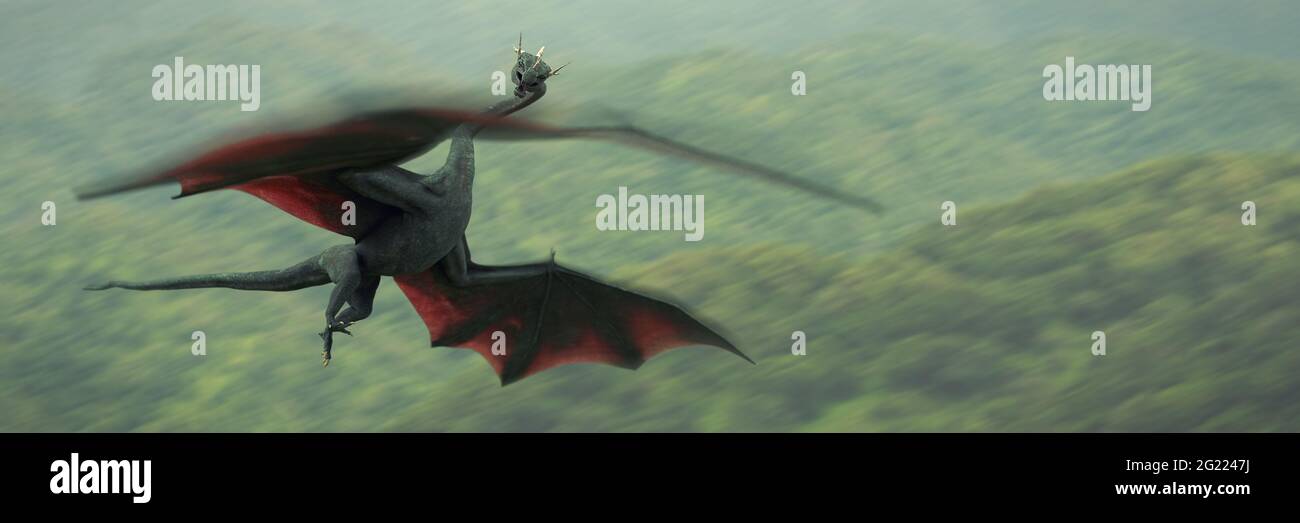 flying dragon, legendary creature above a forest landscape Stock Photo