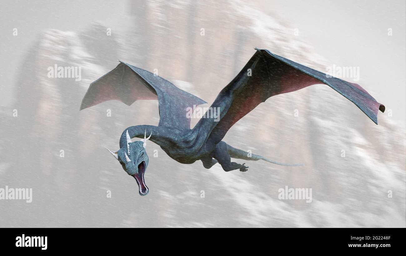 dragon, legendary creature flying through the mountains Stock Photo