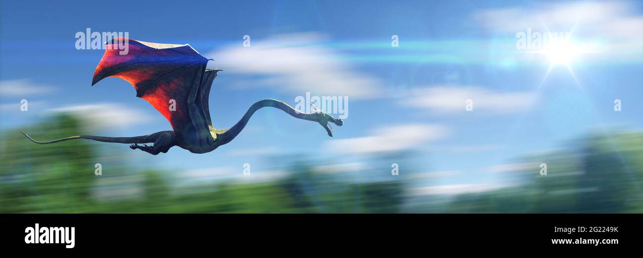 dragon flying above a forest landscape Stock Photo