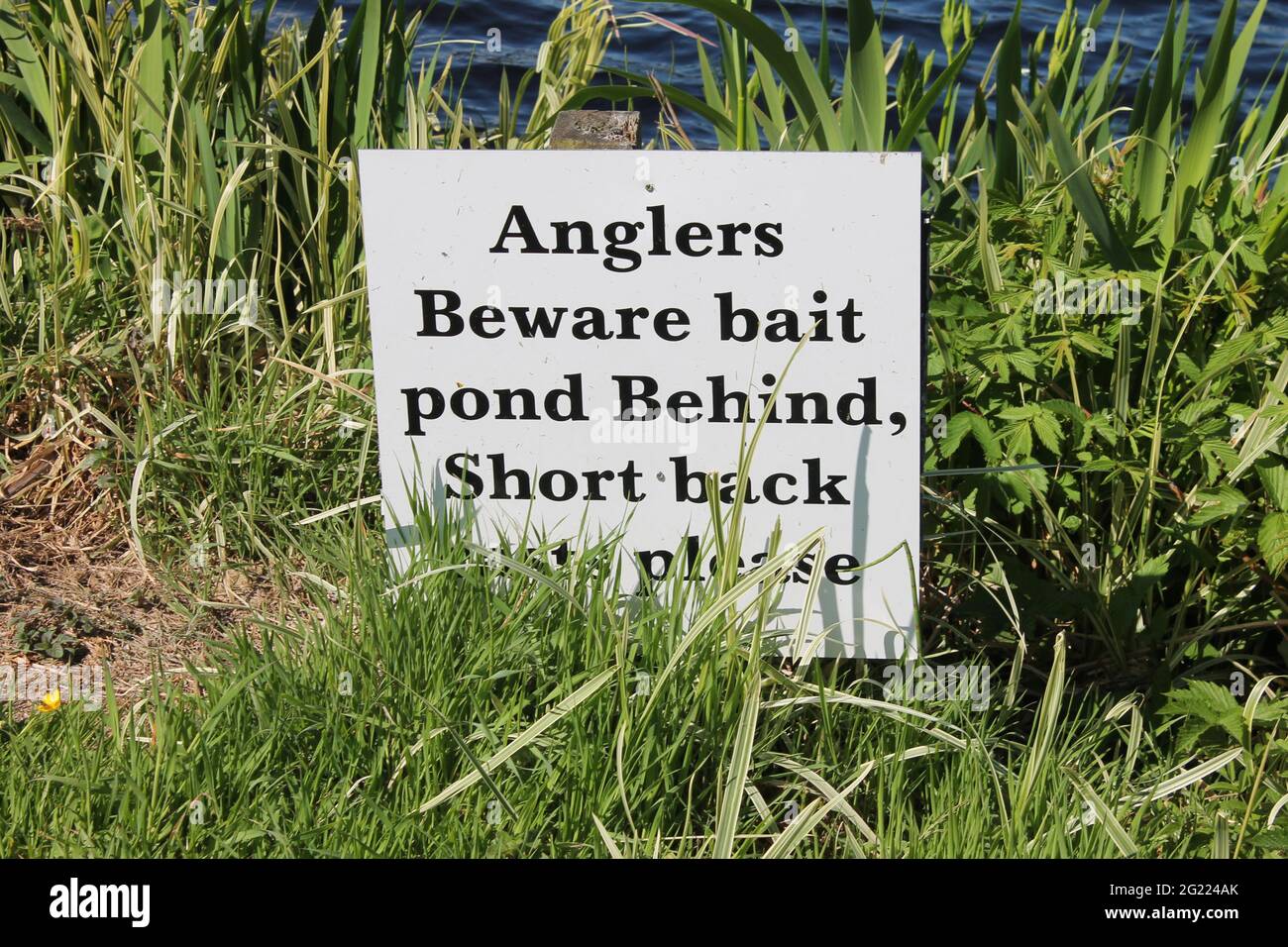 Anglers beware bait pond behind. Back casts please. sign partially obscured by grass Stock Photo