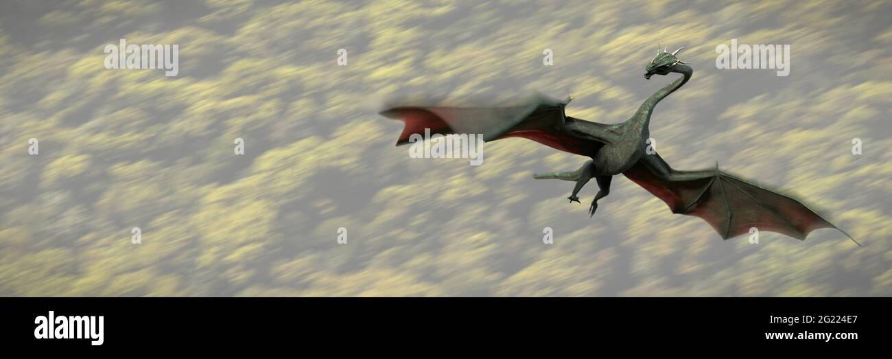 flying dragon, mystical creature flying above a forest landscape Stock Photo