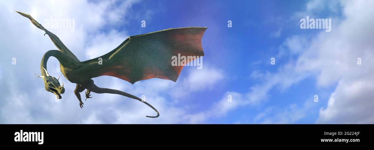 dragon, giant winged creature flying in the sky Stock Photo