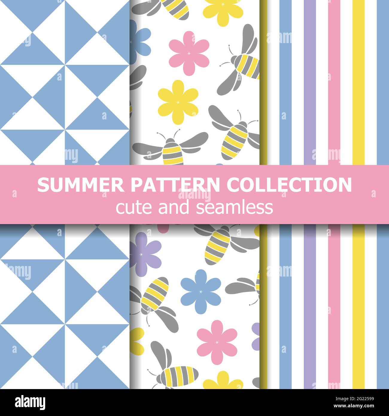 Cute summer pattern collection. Bees theme. Summer banner. Vector Stock Vector