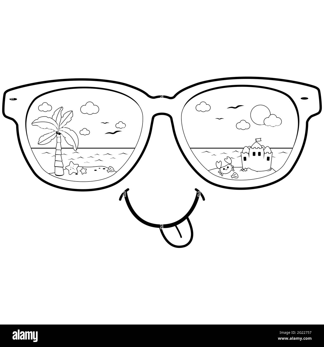 Summer beach scene reflected in sunglasses. Black and white coloring page Stock Photo