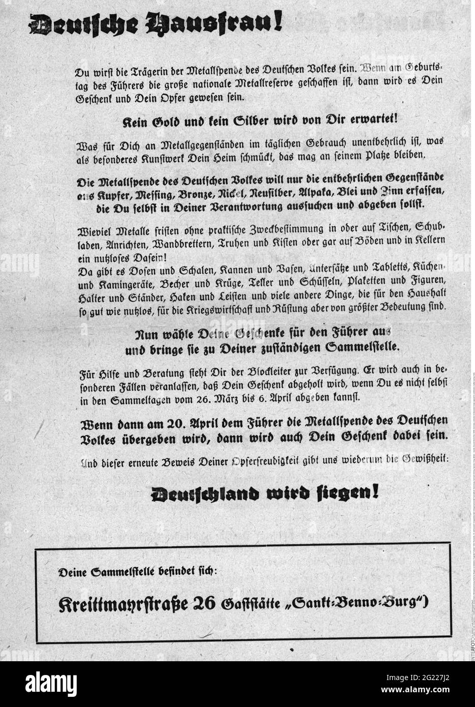 events, Second World War / WWII, Germany, collection of discarded metal, appeal for contribution, leaflet, spring 1940, EDITORIAL-USE-ONLY Stock Photo