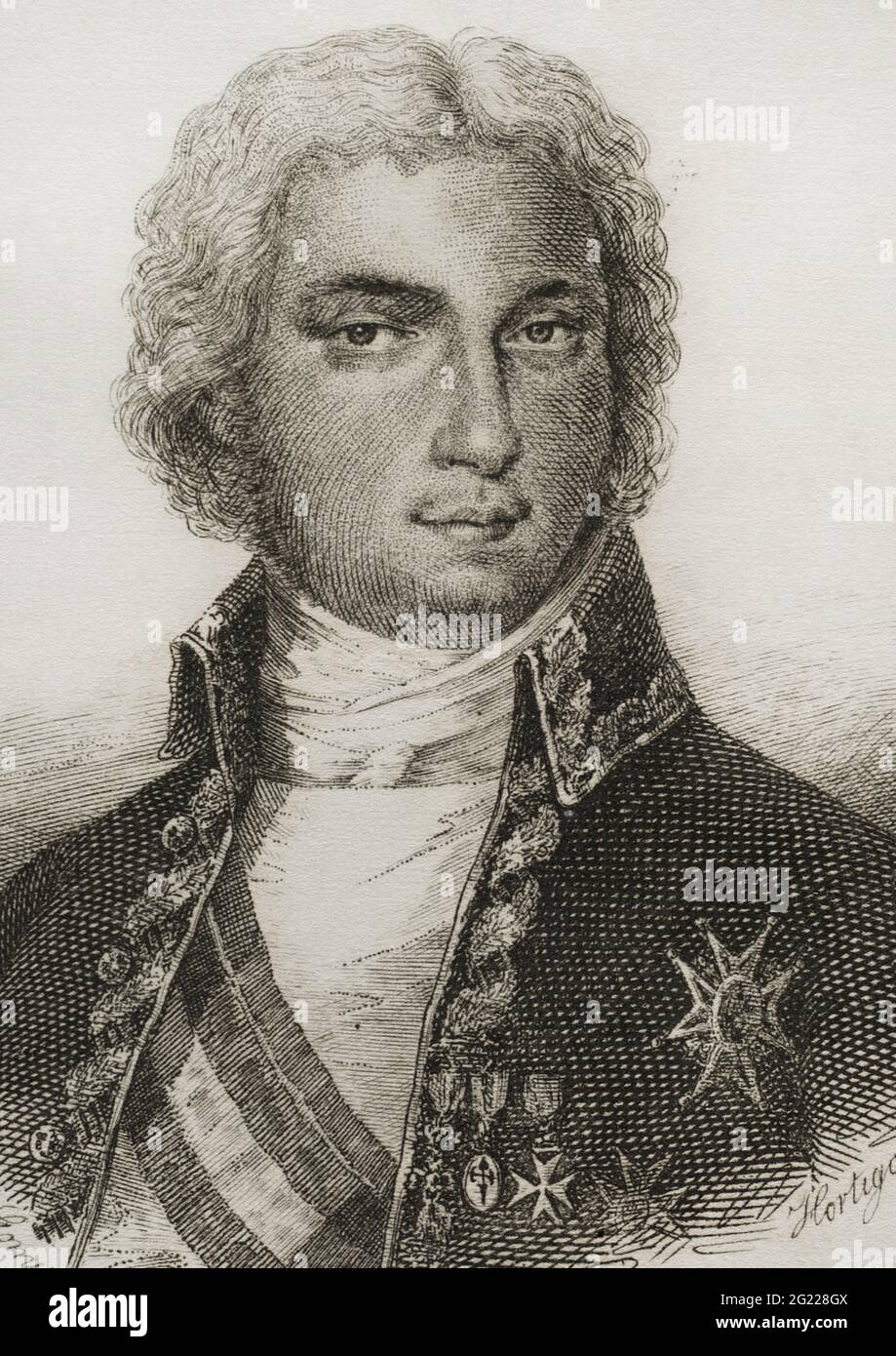 Manuel de Godoy y Alvarez de Faria (1767-1851). Spanish politician. First Secretary of State of Spain from 1792 to 1797. 'Prince of Peace' and favourite of Charles IV and Queen Maria Luisa. Illustration by Antonio Gómez. Engraving by Hortigosa. Historia del Levantamiento, guerra y revolución de España by the Conde de Toreno. Madrid, 1851. Stock Photo