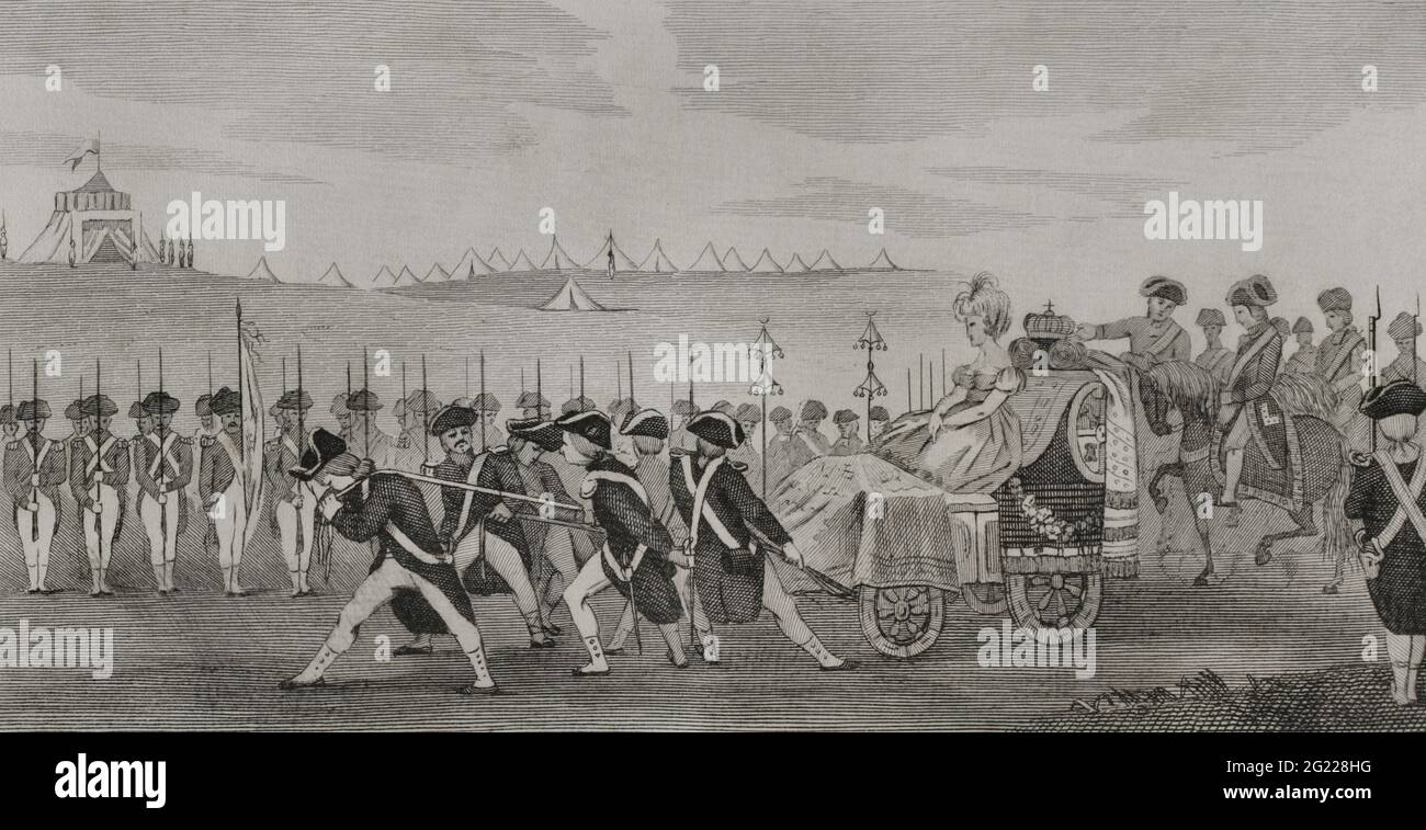 Reign of Charles IV of Spain. Review of Badajoz (1801). It took place in the Campo de Santa Engracia, near Badajoz. Manuel Godoy, Prince of Peace, appeared leading the army driving a triumphal chariot with Queen Maria Luisa of Parma, followed by her husband King Charles IV of Bourbon, on horseback behind the two of them. Engraving. Historia del Levantamiento, guerra y revolución de España by the Conde de Toreno. Madrid, 1851. Stock Photo