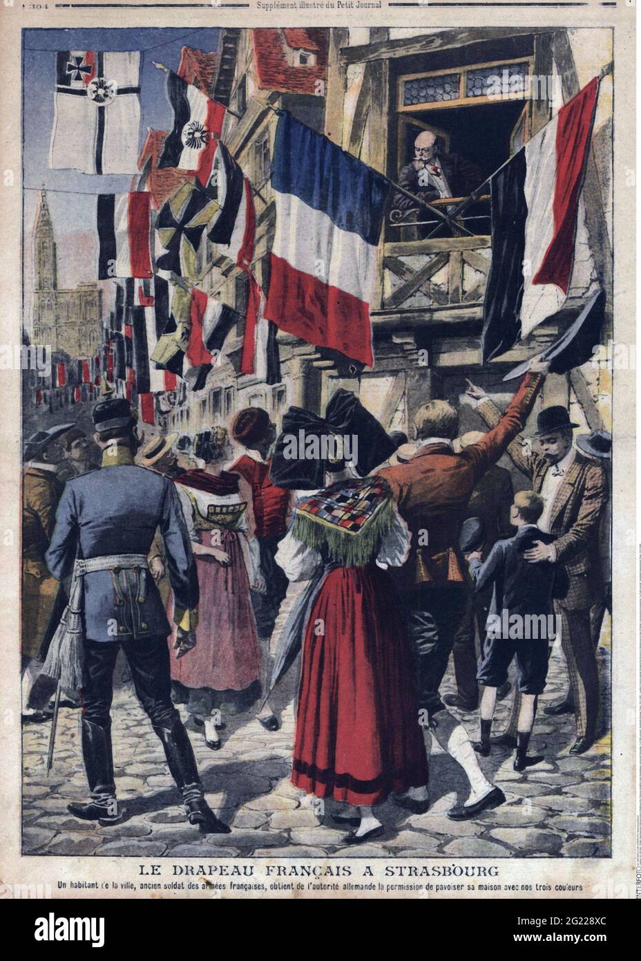 politics, French veteran showing the tricolour in Strasbourg on day of Sedan, coloured wood engraving, ADDITIONAL-RIGHTS-CLEARANCE-INFO-NOT-AVAILABLE Stock Photo