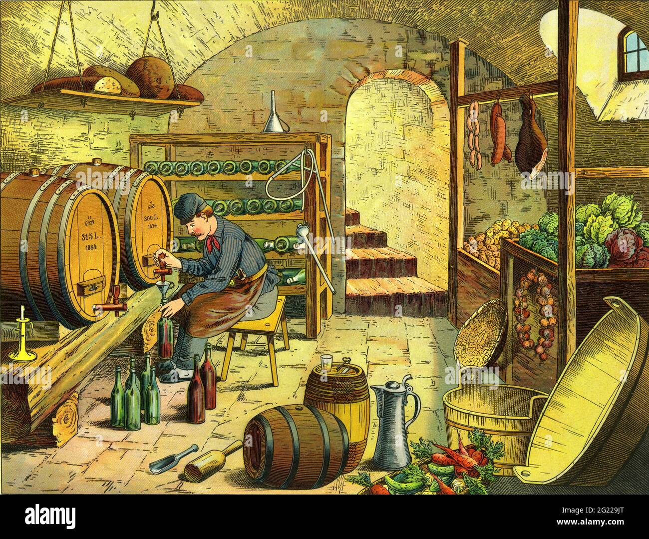 alcohol, wine, 'Der Keller', from the series of images for visual instructions, lithograph, Germany, ADDITIONAL-RIGHTS-CLEARANCE-INFO-NOT-AVAILABLE Stock Photo