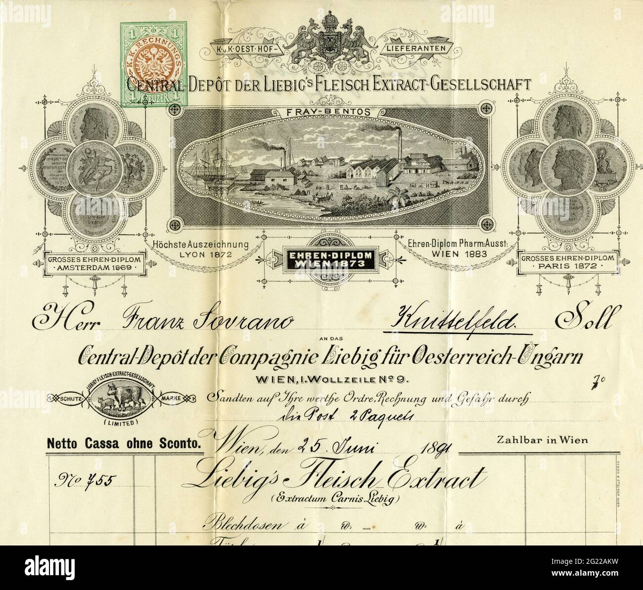 food, Liebig's Fleisch Extract Company, Central Depot, Vienna, k.u.k. royal warrant, invoice, detail, ARTIST'S COPYRIGHT HAS NOT TO BE CLEARED Stock Photo