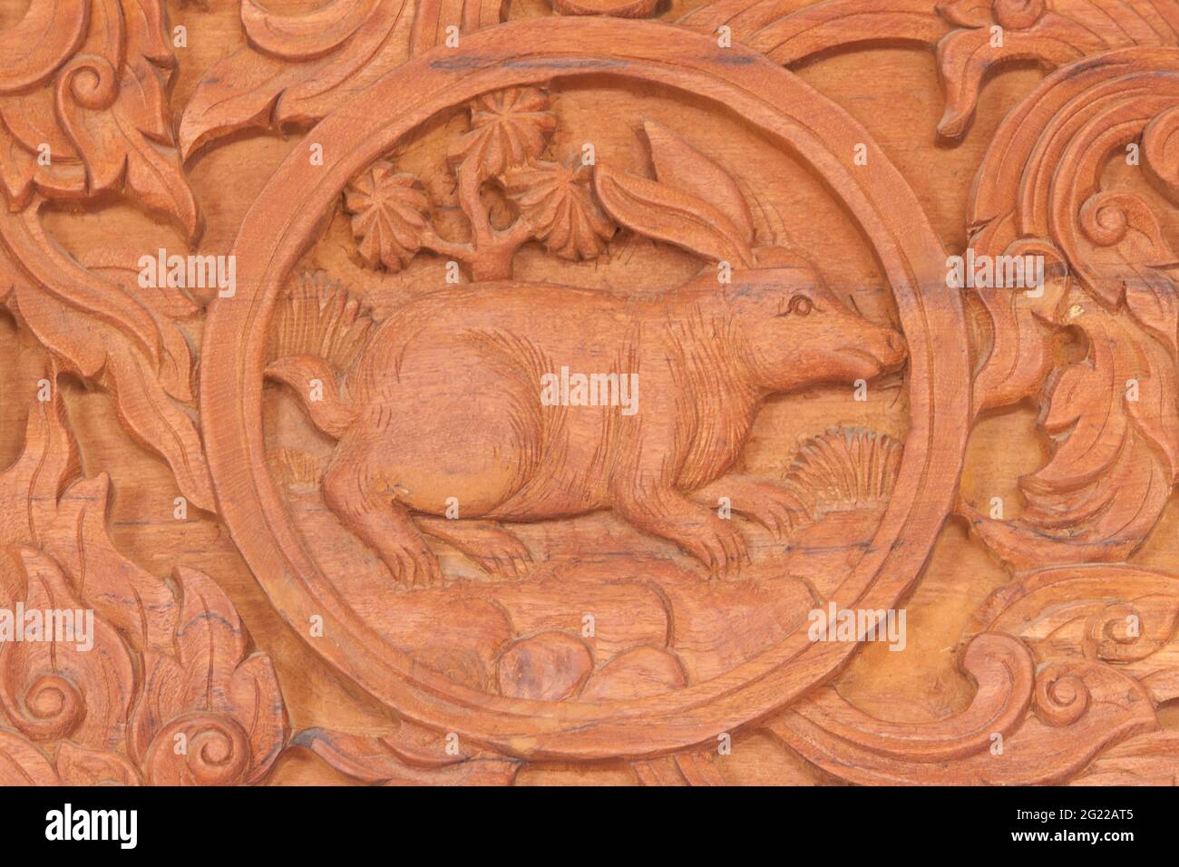 Wood carving of rabbit Chinese zodiac animal sign Stock Photo