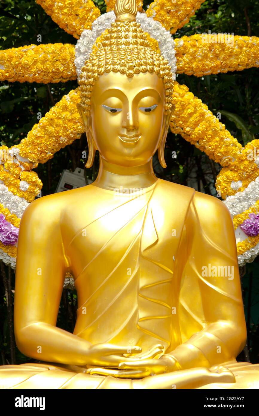 Golden Buddha statue with golden Thammachak wheel Stock Photo Alamy