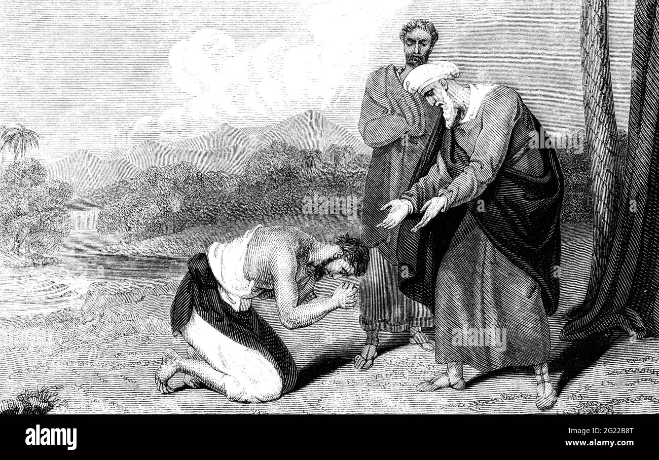 An engraved illustration of  the parable of the Prodigal Son from a Georgian book dated 1836 that is no longer in copyright Stock Photo