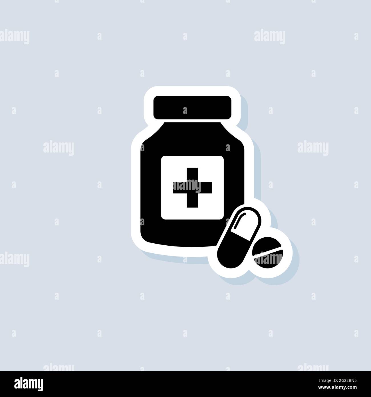 Pills sticker. Medicine bottle icon. Drugstore logo. Medicament. Vector on isolated background. EPS 10. Stock Vector