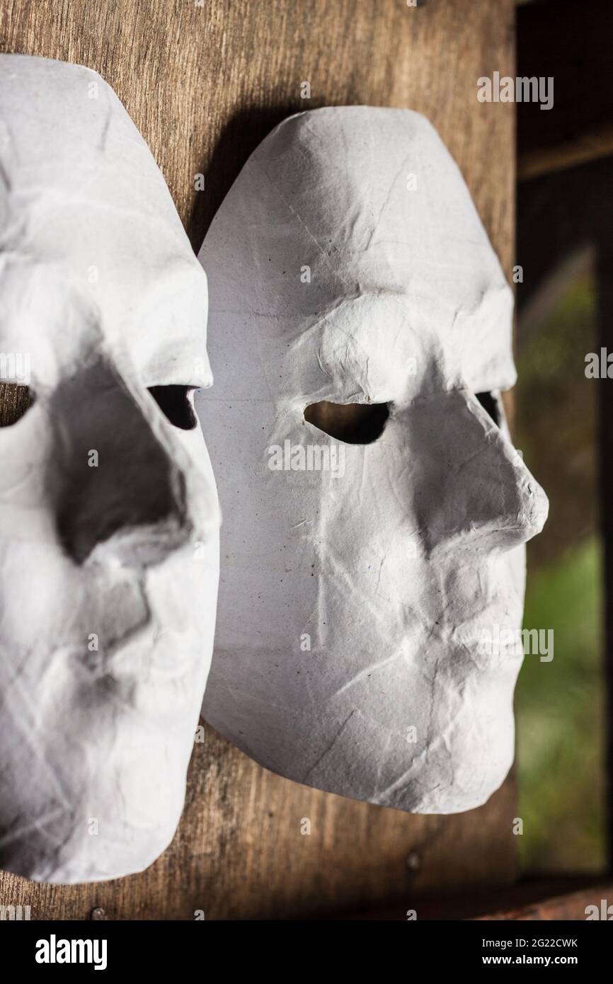 White Masks for children to painting. Actually, the actors use it in the performance as well. Stock Photo