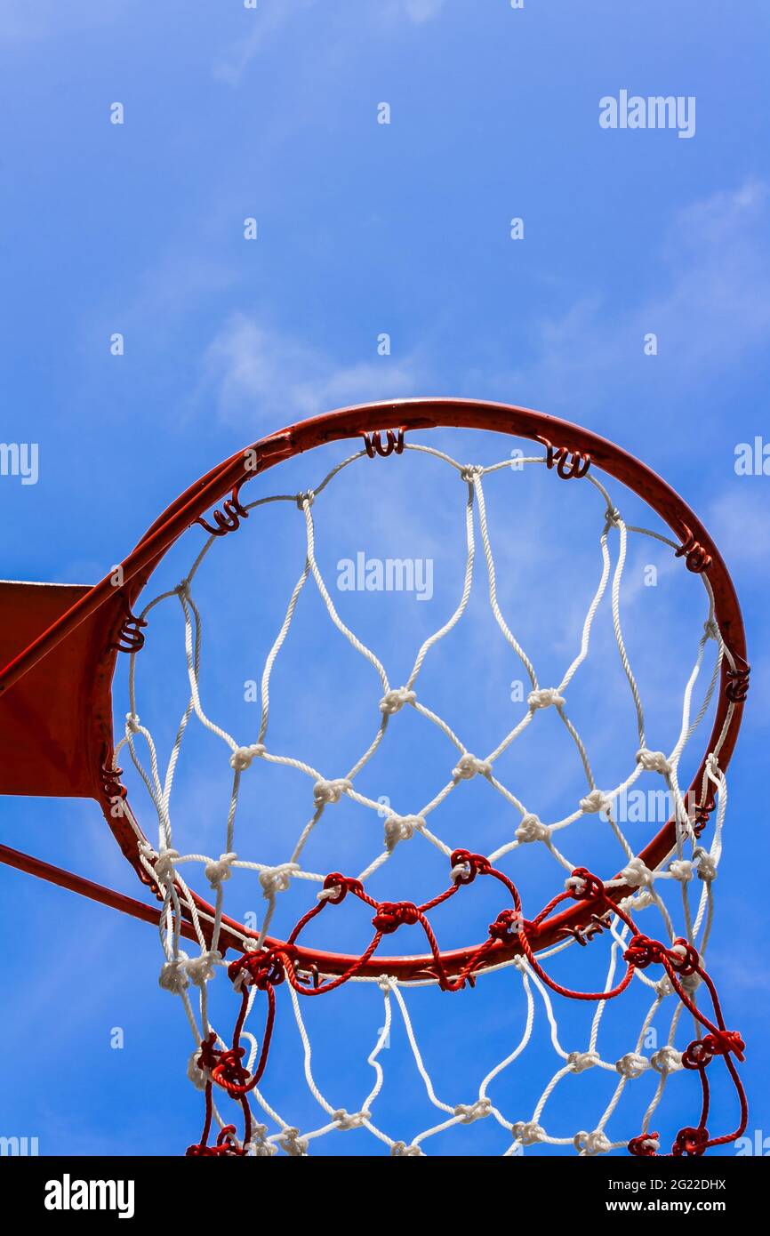 A view of a basketball hoop from below Stock Photo Alamy