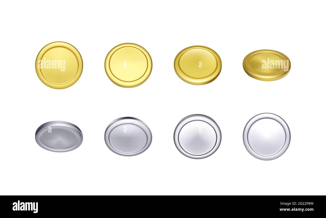 Set of gold and silver coin. Rotation metallic money. Vector illustration Stock Vector