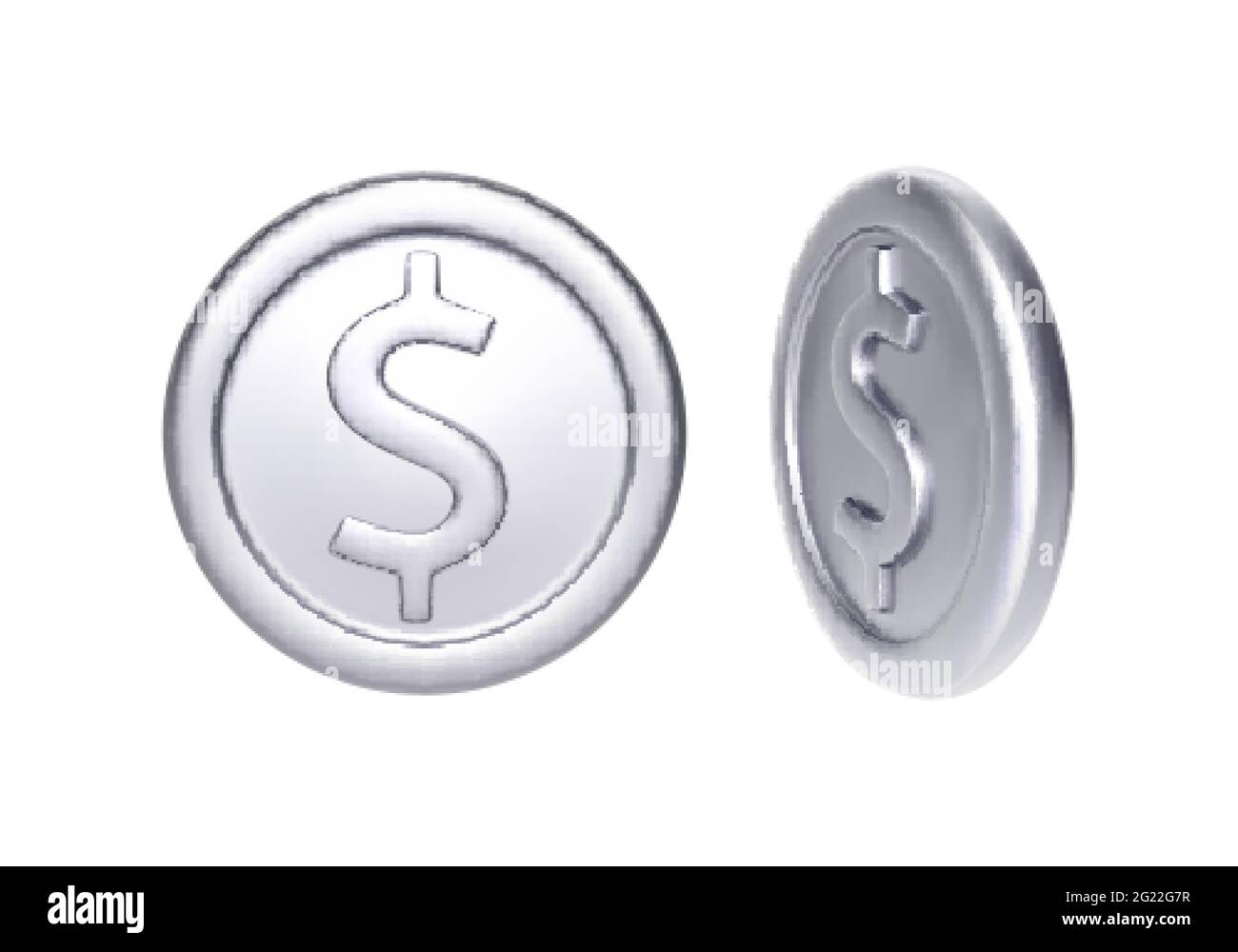 Silver coin with dollar symbol. Rotation metallic money. Vector illustration Stock Vector