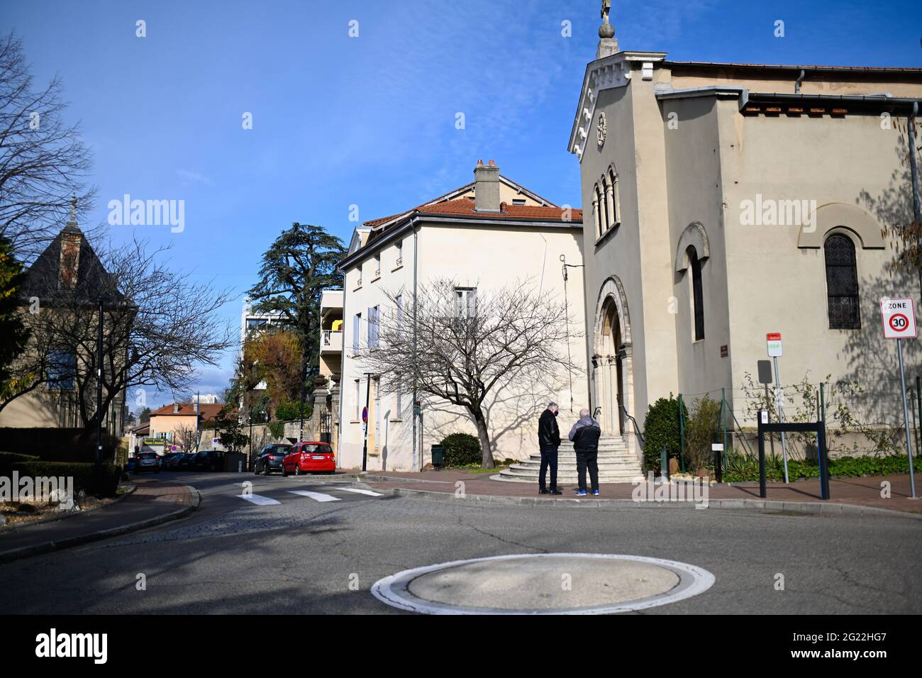 Saint Priest (south eastern France): town center of church of the village of Saint Priest Stock Photo